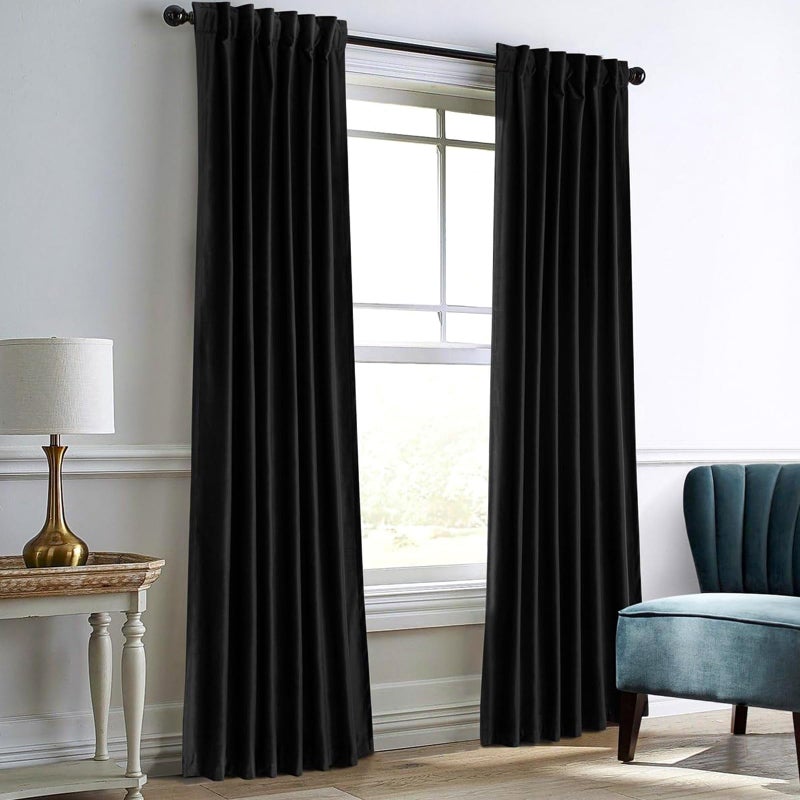 Dreaming Casa Darkening Black Velvet Curtains for Living Room Thermal Insulated Rod Pocket Back Tab Window Curtain for Bedroom 2 Panels 52" W x 84" L - Image 1